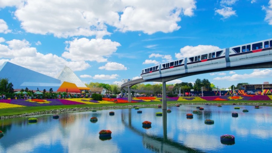 Paisagem do trem e áreas do Epcot na Disney Orlando