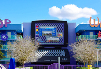 The laptop located on the '90s building shows an ABC News page from the day Disney's Animal Kingdom opened, which happened to be April 22nd , 1998. This appears to be Mickey's laptop because the mail client open below is from Mickey himself. You can also see desktop shortcuts to Disney's MGM Studios, Disney's Animal Kingdom, Magic Kingdom, and Epcot. Surprisingly, the URL listed on the ABC story no lnger works. Photo by Donald Fink.