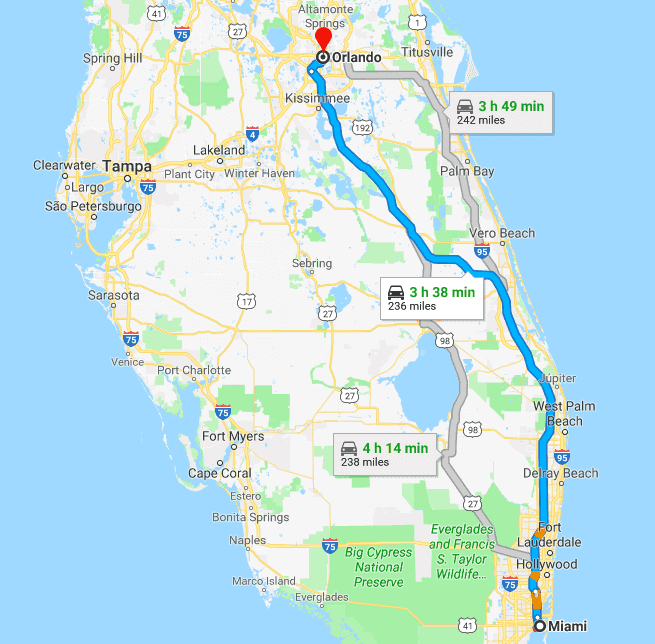 Mapa dos caminhos de Orlando a Miami