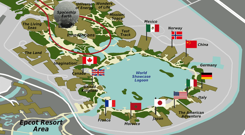 Mapa dos pavilhões dos países no World Showcase no parque Epcot