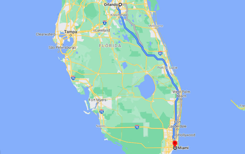 Mapa da viagem de carro de Orlando a Miami