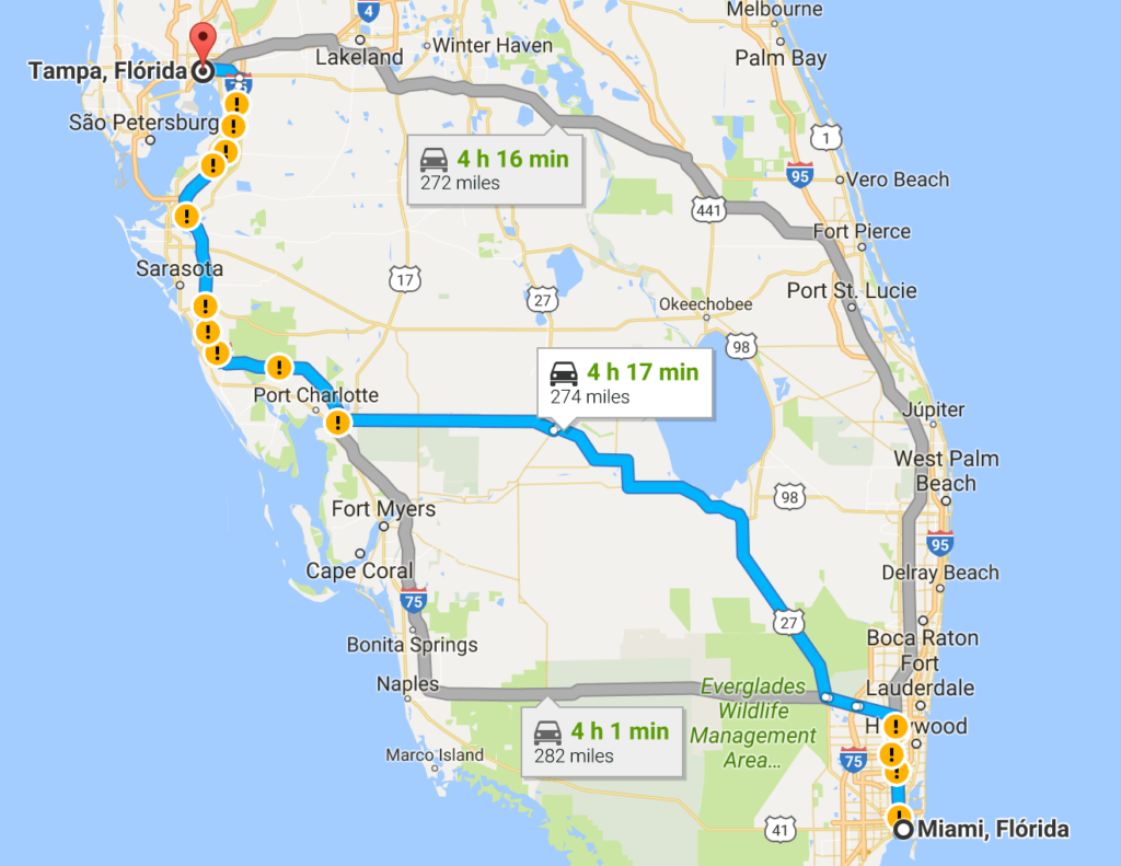 Como ir de Miami a Tampa ou de Tampa a Miami: mapa de caminhos