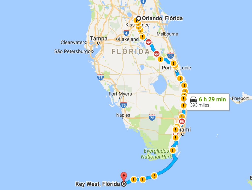 Viagem de carro de Orlando a Key West ou de Key West a Orlando: mapa do caminho