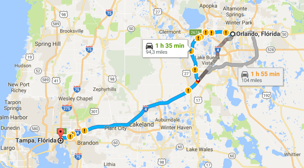 Viagem de carro de Orlando a Tampa ou de Tampa a Orlando: mapa dos caminhos