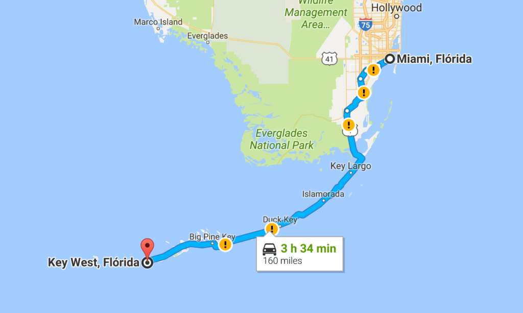 Viagem de carro de Miami a Key West ou de Key West a Miami: mapa do caminho