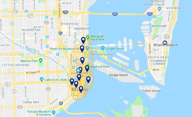 Mapa de melhores hotéis em Miami