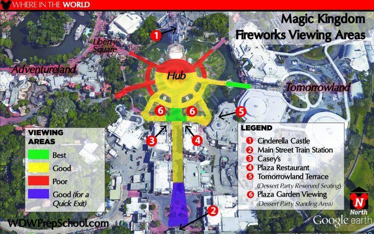 Mapa dos lugares para assistir ao Happily Ever After no Magic Kingdom