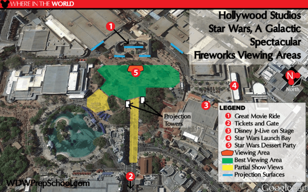 Mapa dos lugares para assistir ao Star Wars: A Galactic Spectacular no Hollywood Studios
