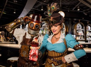 Toothsome Chocolate Emporium & Savory Feast Kitchen na Universal Orlando: personagens Penélope e robô Jacques