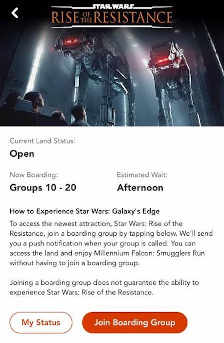 Fila virtual da Star Wars: Rise of the Resistance no aplicativo My Disney Experience