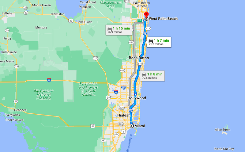Mapa da viagem de carro de Miami para West Palm Beach