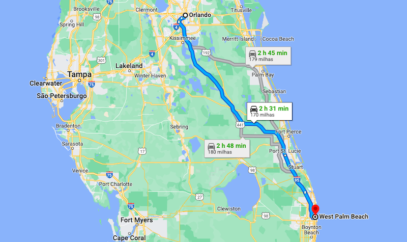 Mapa da viagem de carro de Orlando para West Palm Beach