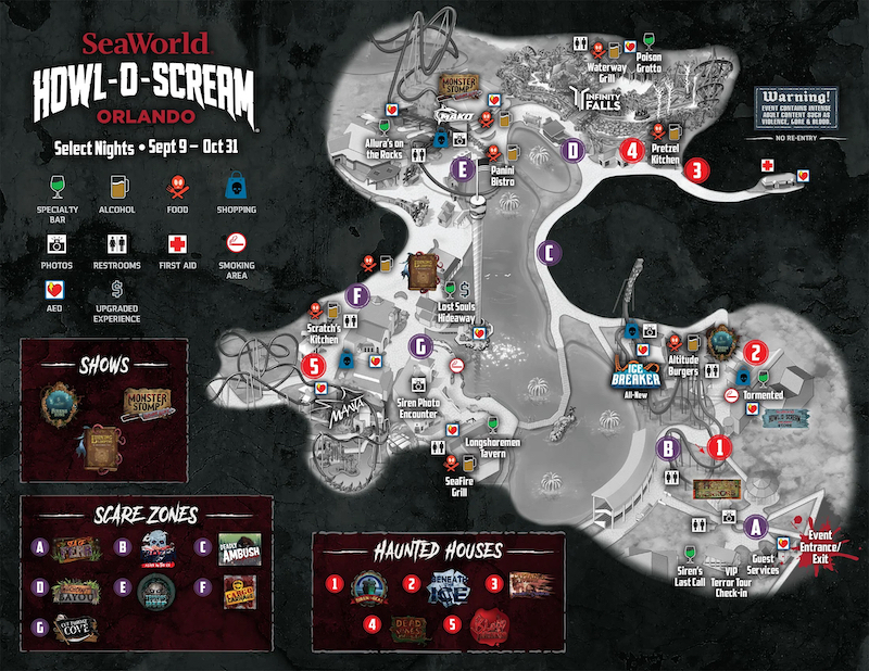 Mapa do Halloween Howl-O-Scream no SeaWorld Orlando em 2022
